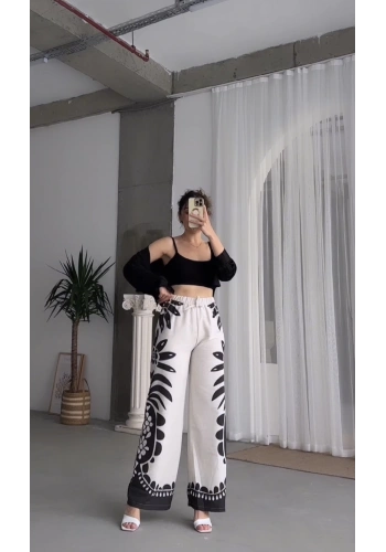 Pullaps Beli Lastikli Desenli Keten Pantolon