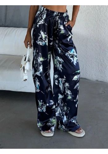 Pullaps Beli Lastikli Saten Palazzo Pantolon Lacivert Desenli