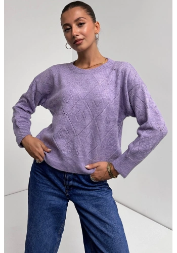 Pullaps Bisiklet Yaka Baklava Desenli Triko Kazak Lila