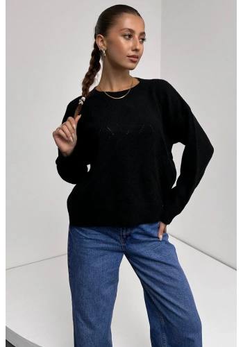 Pullaps Bisiklet Yaka Baklava Desenli Triko Kazak Siyah