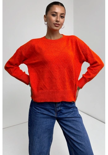 Pullaps Bisiklet Yaka Baklava Desenli Triko Kazak Turuncu