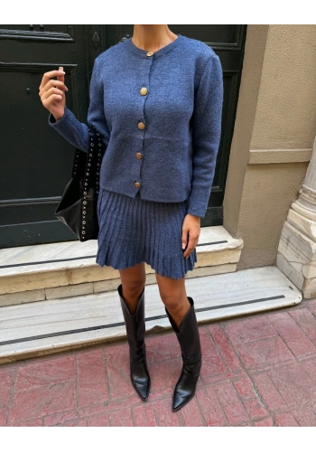 Pullaps Bisiklet Yaka Hırka Ve Pile Detaylı Etek Triko Takım İndigo