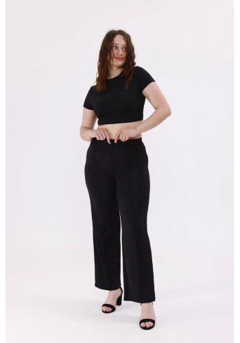 Pullaps Büyük Beden Likralı Çımalı Palazzo Pantolon Siyah