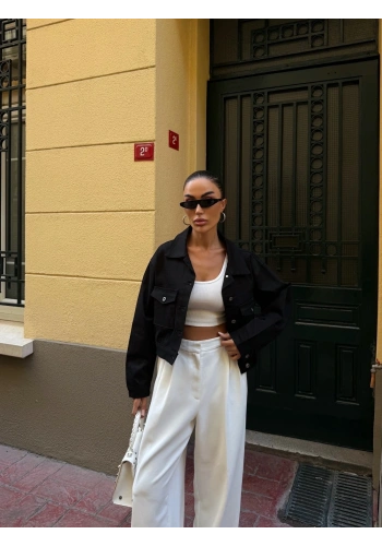 Pullaps Çift Cep Denim Crop Ceket Siyah