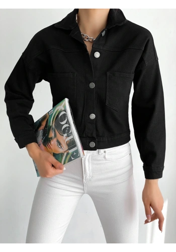 Pullaps Düz Cepli Denim Crop Ceket Siyah