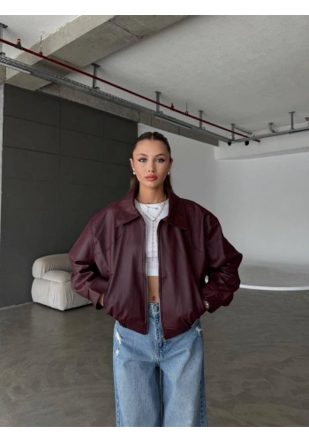 Pullaps Çift Cepli Deri Bomber Ceket Bordo
