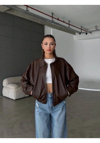 Pullaps Çift Cepli Deri Bomber Ceket Kahve