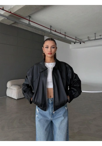 Pullaps Çift Cepli Deri Bomber Ceket Siyah