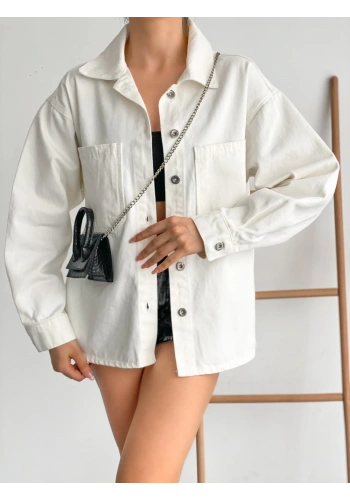 Pullaps Çift Cepli Oversize Denim Gömlek Ceket Beyaz
