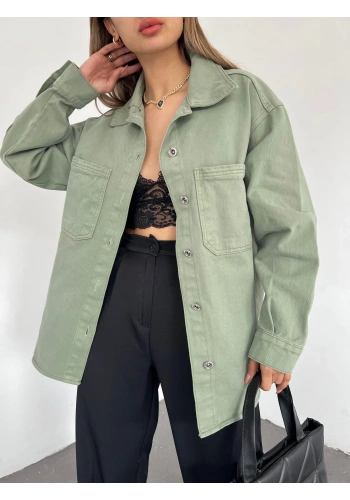 Pullaps Çift Cepli Oversize Denim Gömlek Ceket Çağla