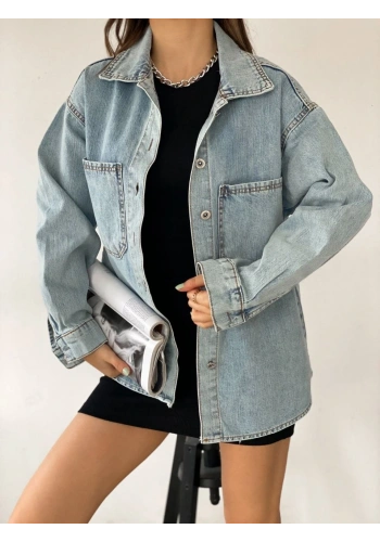 Pullaps Çift Cepli Oversize Denim Gömlek Ceket Mavi