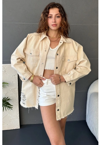 Pullaps Çift Cepli Yırtık Detaylı Oversize Gömlek Ceket Bej
