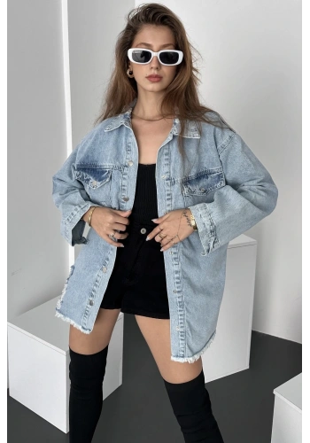 Pullaps Çift Cepli Yırtık Detaylı Oversize Gömlek Ceket Mavi