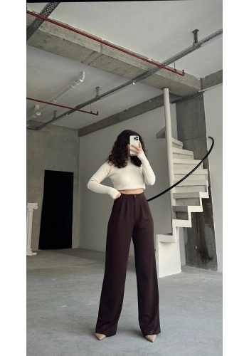 Pullaps Cift Pileli Likralı Palazzo Pantolon Kahve