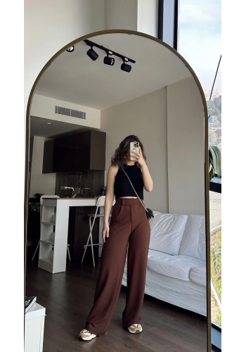 Pullaps Cırt Cırtlı Likralı Palazzo Pantolon Kahve