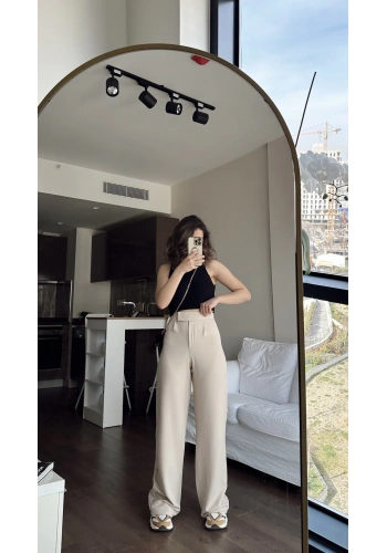 Pullaps Cırt Cırtlı Likralı Palazzo Pantolon Krem