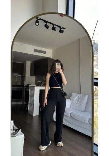 Pullaps Cırt Cırtlı Likralı Palazzo Pantolon Siyah