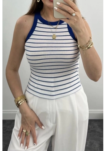 Pullaps Çizgili Halter Yaka Fitilli Atlet Tam Boy Mavi