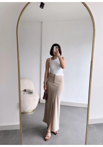 Pullaps Çizgili Ön Yırtmaçlı Etek Vizon