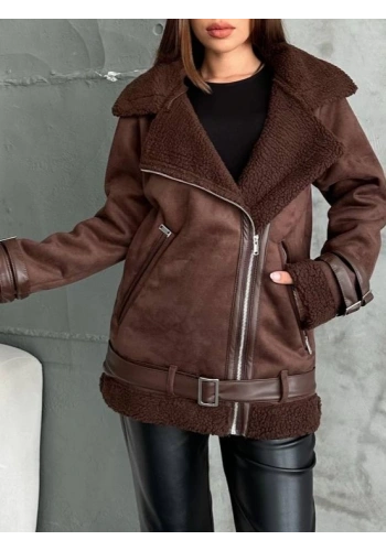 Pullaps Deri Detaylı Kürklü Nubuk Mont Kahve
