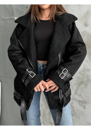 Pullaps Deri Detaylı Kürklü Nubuk Mont Siyah