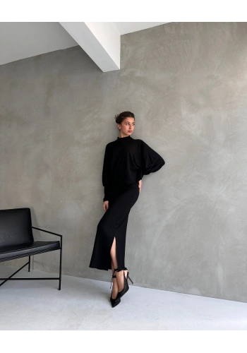 Pullaps Dokulu Yırtmaç Detaylı Etek Ve Bluz 2Lİ Takım Siyah