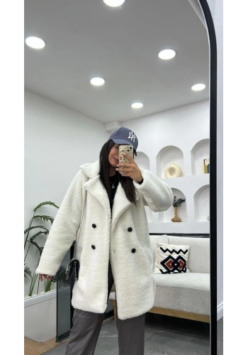 Pullaps Dört Düğmeli Cepli Komple Astarlı Kaban Beyaz