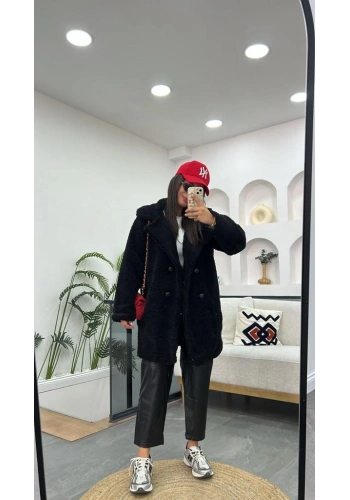 Pullaps Dört Düğmeli Cepli Komple Astarlı Kaban Siyah