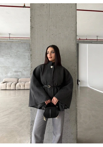 Pullaps Düğme Detaylı Kemerli Kaşe Panço Antrasit