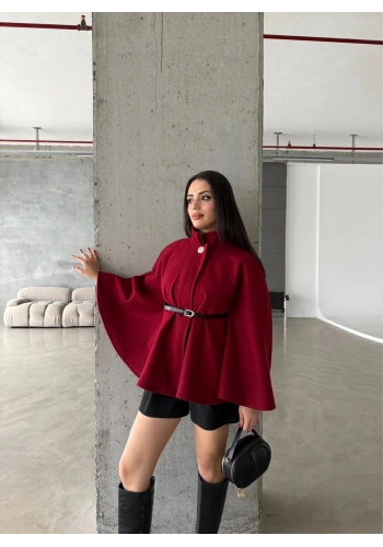 Pullaps Düğme Detaylı Kemerli Kaşe Panço Bordo
