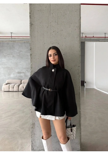 Pullaps Düğme Detaylı Kemerli Kaşe Panço Siyah