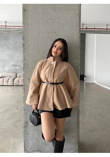 Pullaps Düğme Detaylı Kemerli Kaşe Panço Vizon