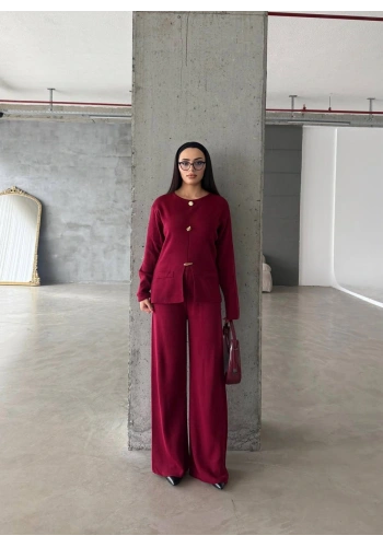 Pullaps Düğme Detaylı Triko Takım Bordo
