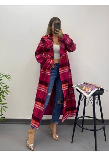 Pullaps Ekoseli Premium Astarlı Kaşe Kaban Pembe