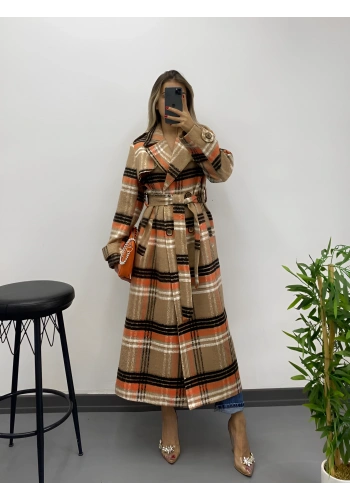 Pullaps Ekoseli Premium Astarlı Kaşe Kaban Vizon