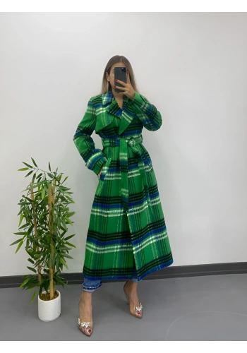 Pullaps Ekoseli Premium Astarlı Kaşe Kaban Yeşil