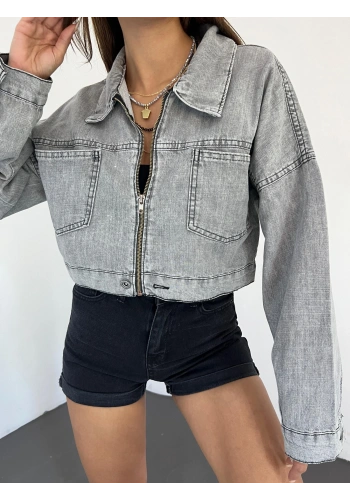 Pullaps Fermuarlı Çift Cepli Kot Mont Gri