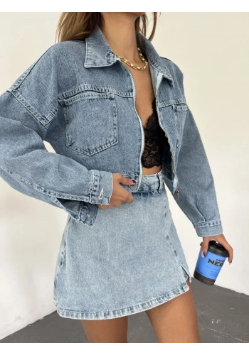 Pullaps Fermuarlı Çift Cepli Kot Mont Mavi