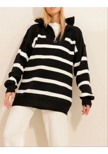 Pullaps Fermuarlı Çizgili Triko Kışlık Kazak Siyah