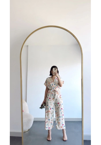 Pullaps Gofre Kumaş Likralı Desenli Tulum Vizon