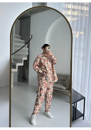 Pullaps Gömlekli Pantolonlu Cepli Ham Keten Takım Desenli Kiremit