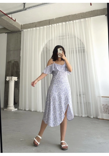 Pullaps İp Askılı Fırfırlı Volanlı Yandan Fermuarlı Elbise Lila