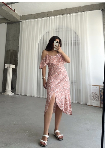 Pullaps İp Askılı Fırfırlı Volanlı Yandan Fermuarlı Elbise Somon