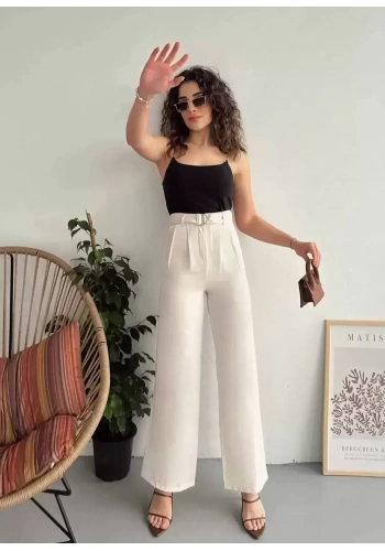Pullaps Kadın Yüksek Bel Palazzo Keten Pantolon