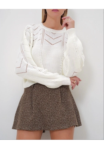 Pullaps Bisiklet Yaka Yarasa Kol Ajurlu Triko Kazak Ekru
