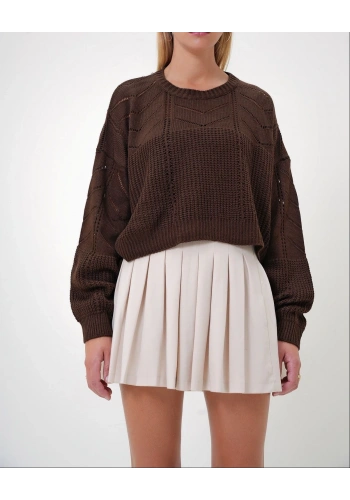 Pullaps Kahverengi Bisiklet Yaka Yarasa Kol Ajurlu Triko Kazak Kahve