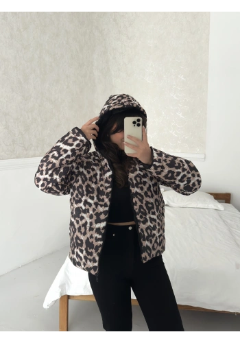Pullaps Kapşonlu Fermuarlı Cepli Şişme Mont Leopar