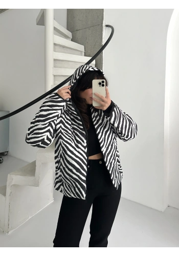 Pullaps Kapşonlu Fermuarlı Cepli Şişme Mont Zebra