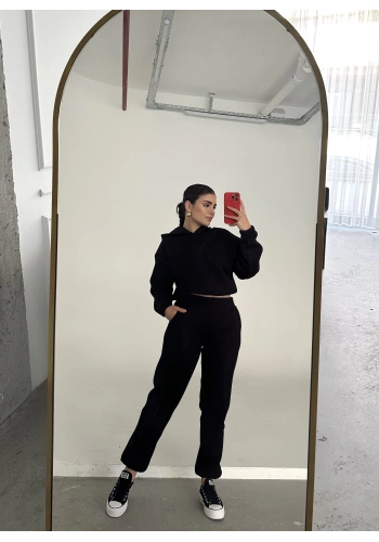 Pullaps Kapşonlu Üç İplik Şardonlu Hoodie Takım Siyah