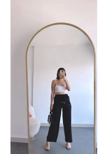 Pullaps Keten Aerobin Kumaş Palazzo Pantolon Siyah